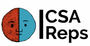CSA reps Logo, a drawing of a face split in two, one half is red, the other is blue.