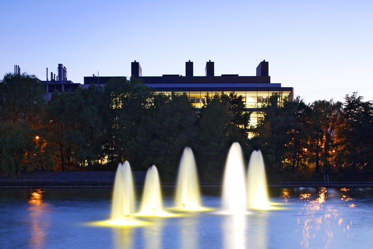 UCD lake at night looking across to the UCD Science Centre.